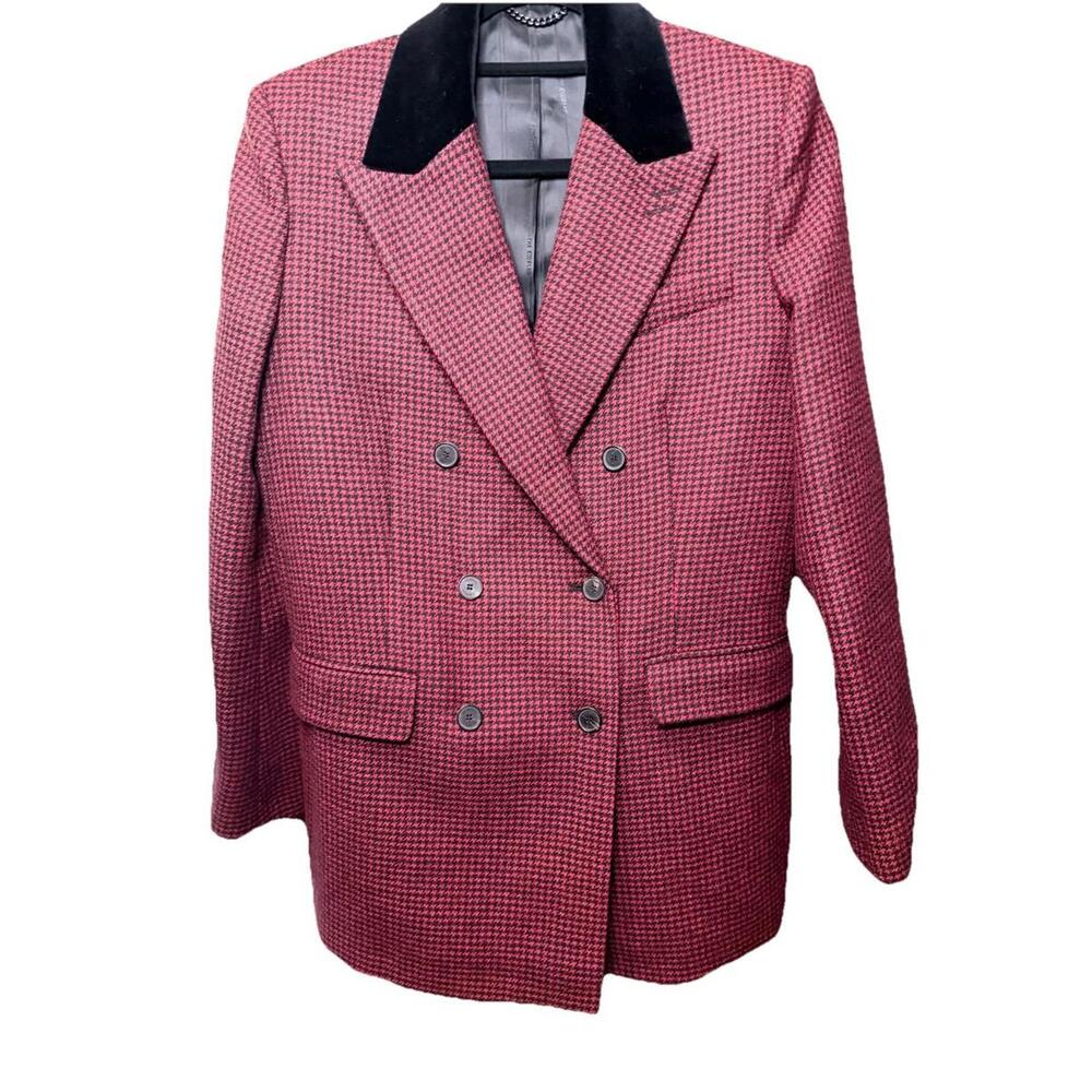 New The Kooples Double Breasted Red Wool Velvet Houndstooth Blazer Sz 36 Holiday